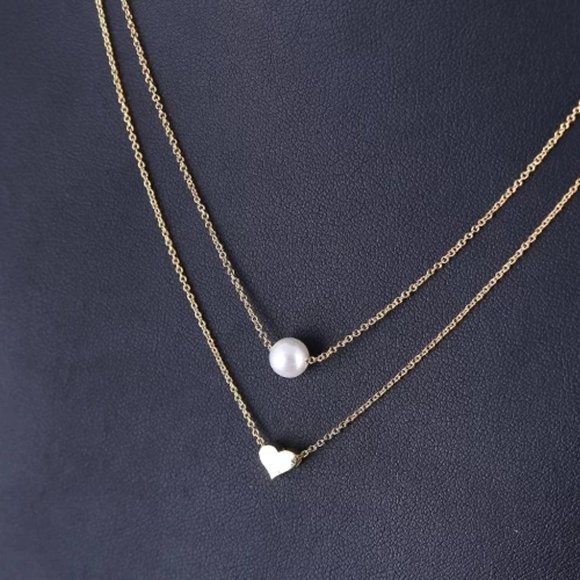 14k Gold Double Layer Pearl Heart Sterling Silver Necklace - Picture 5 of 10